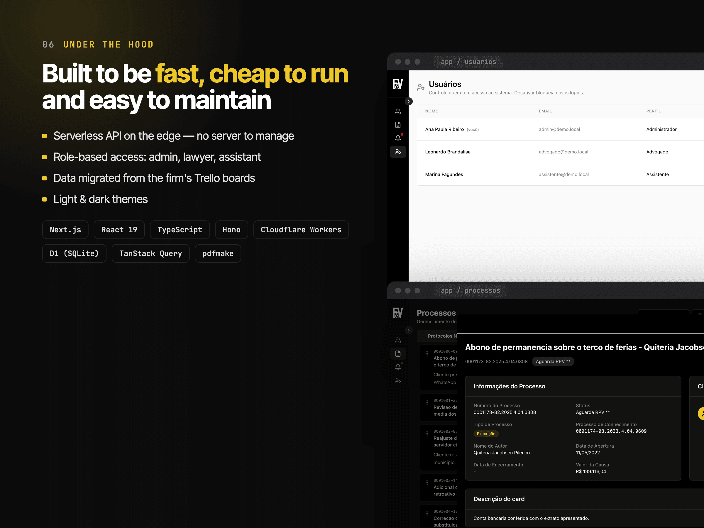 Technical overview with user management and dark-theme case details: a Hono API on Cloudflare Workers, D1 SQLite storage, and admin, lawyer and assistant roles.